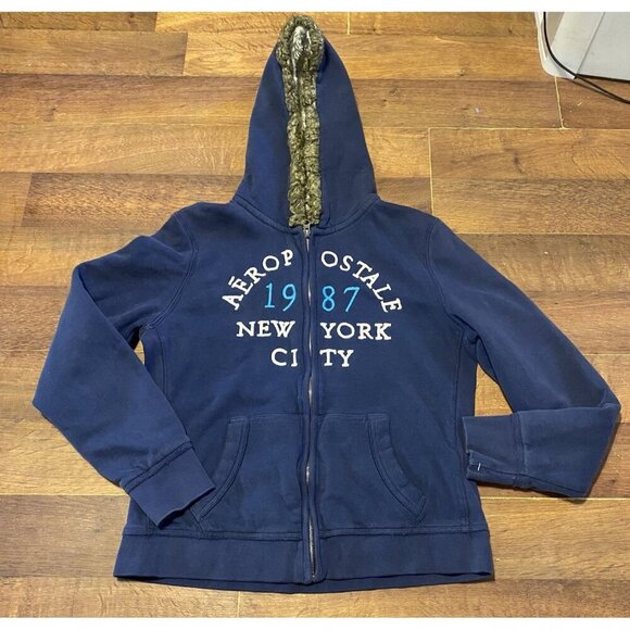 Aeropostale Jacket Women's XL Y2k Full Zip Fur Lined Hood Print Hoodie - Picture 1 of 6